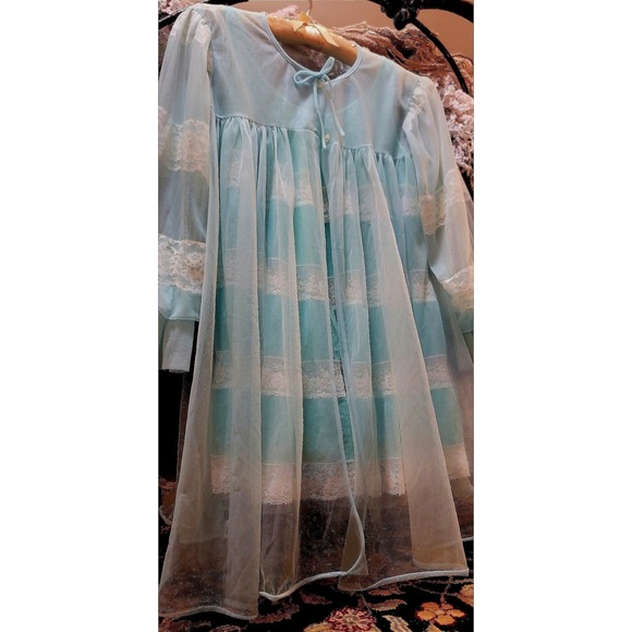 Miss Elaine 1960s Chic Blue Chiffon Lace Short Nightie w Sheer Robe 3/4 slv S/M - Picture 15 of 16
